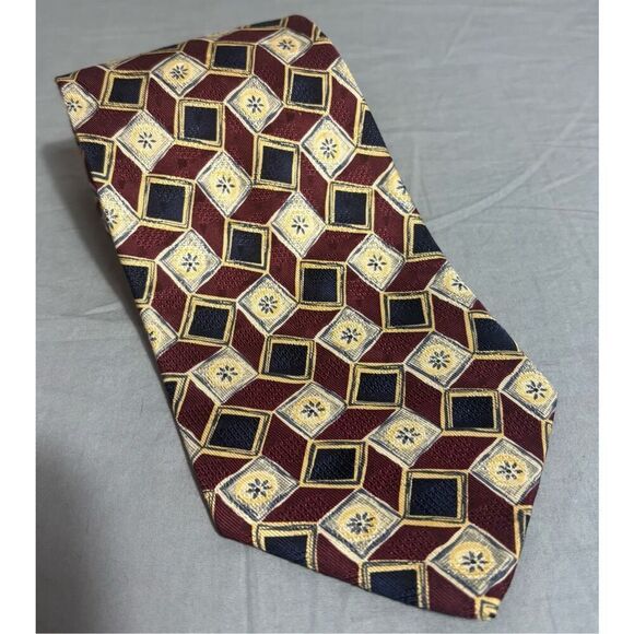 ROBERT TALBOTT Geometric Silk Tie Hand Sewn Red Yellow USA Made - Picture 2 of 9